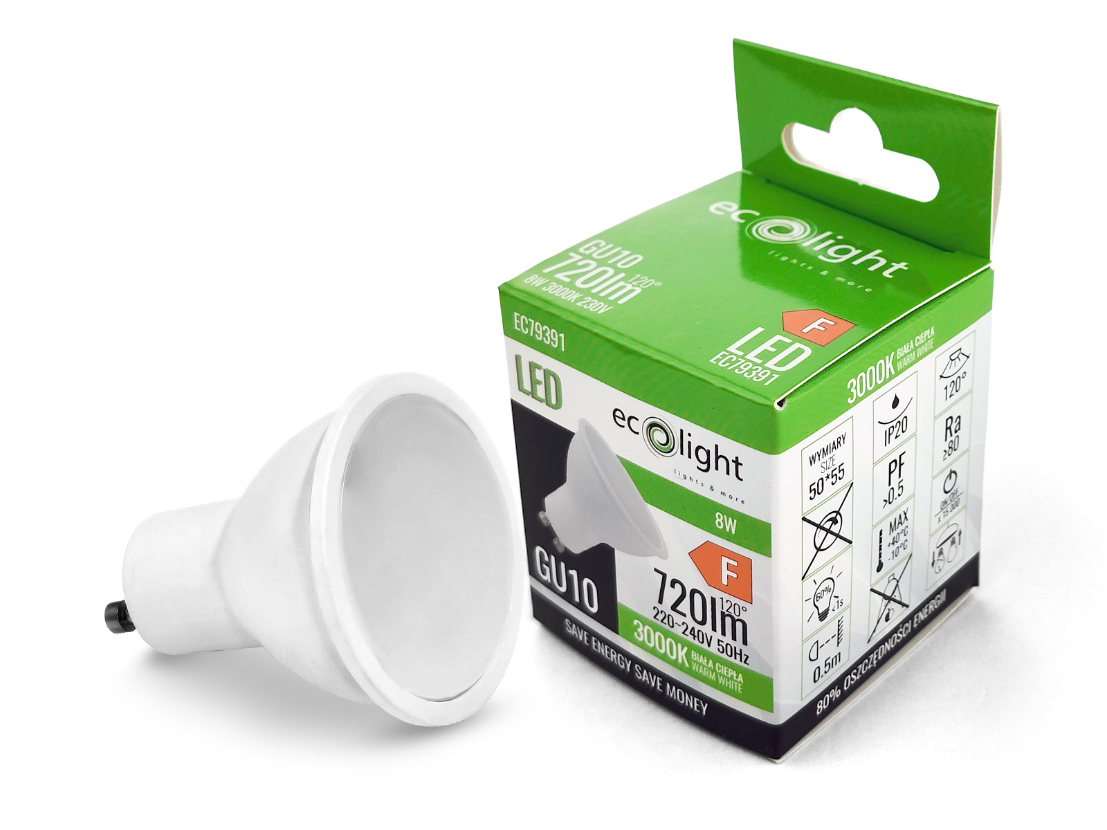 Żarówka LED GU10 8W ~ 60W 3000K BIAŁA Ciepła